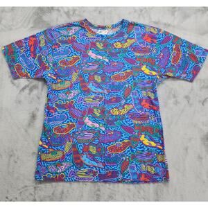 Vintage Ken Done Tee Womens M Blue All Over Fish Print T-Shirt Australia Pop Art